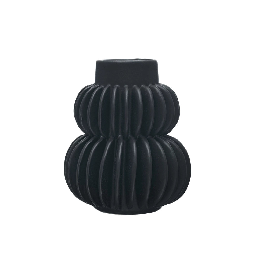 Matte Black Handmade Pleated Stoneware Vase