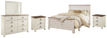 Load image into Gallery viewer, Willowton Queen Panel Bed with Mirrored Dresser and 2 Nightstands
