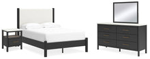 Load image into Gallery viewer, Cadmori Full Upholstered Panel Bed with Mirrored Dresser and Nightstand
