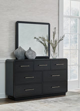 Load image into Gallery viewer, Rowanbeck Queen Upholstered Panel Bed with Mirrored Dresser and Chest
