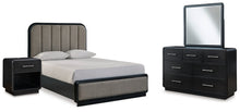 Load image into Gallery viewer, Rowanbeck Queen Upholstered Panel Bed with Mirrored Dresser and Nightstand
