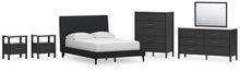 Load image into Gallery viewer, Cadmori Full Upholstered Bed with Mirrored Dresser, Chest and 2 Nightstands
