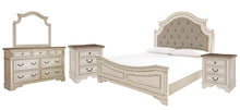 Load image into Gallery viewer, Realyn California King Upholstered Panel Bed with Mirrored Dresser and 2 Nightstands
