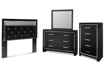 Load image into Gallery viewer, Kaydell Queen Upholstered Panel Headboard with Mirrored Dresser and Chest
