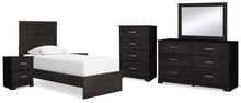 Load image into Gallery viewer, Belachime Twin Panel Bed with Mirrored Dresser, Chest and 2 Nightstands
